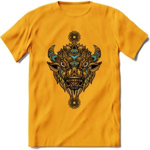 Bizon - Dieren Mandala T-Shirt | Lichtblauw | Grappig Verjaardag Zentangle Dierenkop Cadeau Shirt | Dames - Heren - Unisex | Wildlife Tshirt Kleding Kado | - Geel - XXL