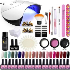 Gellak starterspakket - 20 kleuren - Polygel - Buildergel - Basecoat - Topcoat - Gellakset - Nagelset - Gelnagels - Nagellak - Poly extension kit - UV lamp 36W - LED - Manicure set - 20 kleuren gel polish - Nagellamp - Nagelboor - Nageldroger