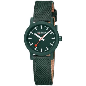 Mondaine MS1.32160.LF Essence Unisex Horloge - Stationsklok - Mineraalglas - Kunststof - Groen/Zilver - Ø 32 mm - Quartz - Gesp - 3 ATM (spatwater)