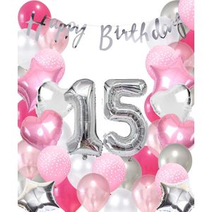 Snoes Ballonnen 15 Jaar Pink Blush Silver Mega Ballon - Compleet Feestpakket 15 Jaar - Verjaardag Versiering Slinger Happy Birthday – Folieballon – Latex Ballonnen - Helium Ballonnen - Zilver en Roze Verjaardag Decoratie