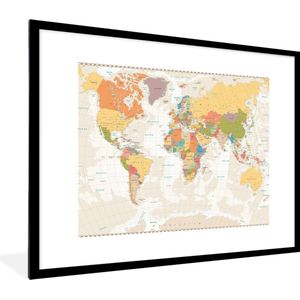 Fotolijst incl. Poster - Wereldkaart - Retro - Kleuren - Educatief - Staatkundig - 80x60 cm - Posterlijst