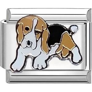 Quiges - Schakel - Bedel - 9mm - charms - Beagle hond - Geschikt voor - Nomination- armband - Schakelarmband - italy bedels armband