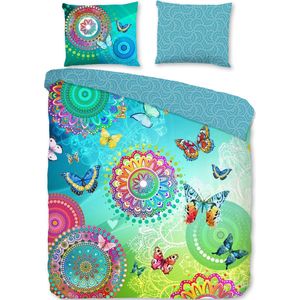 Cheqo® Dekbedovertrek - 200x220cm - Tweepersoons - Inclusief Kussenslopen - 100% Katoen Satijn - Regenboog - Met Vlinders - Met Mandala - Blauw