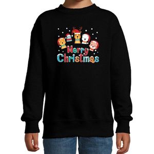 Foute kersttrui / sweater dierenvriendjes Merry christmas zwart voor kinderen - kerstkleding / christmas outfit 134/146