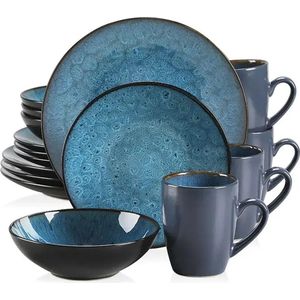 EliteNest® - Serviesset - 16-delig - Vintage Keramiek - Blauw Steengoed - Diner-, Dessertborden, Kommen & Koffiekoppen - Elegant & Duurzaam