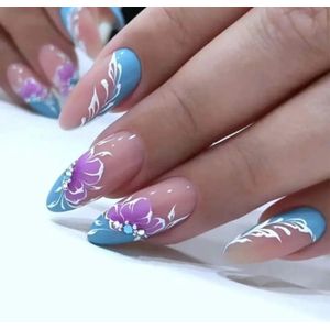 Nep nagels - Plak nagels - 24 stuks - Almond shape - Blauw roze bling - Kunstnagels - Press on nails - Almond shape nails - Lange nagels