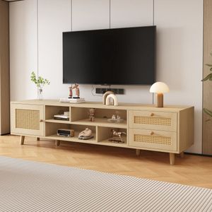 Premium 160 cm houten rotan tv-kast voor 70 inch tv - kabelbeheer, 2 laden, 1 deur, tv-kast, onderkast, onderkast voor woonkamer, tv-lowboards