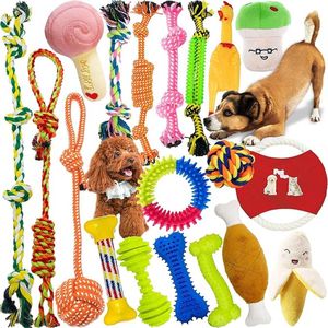 Hondenspeelgoed, 19 stuks speelgoed voor honden, voor robuuste tanden, kauwen, duurzaam speelgoed, tandtrainingsset voor kleine en middelgrote honden, interactieve speelset, onverwoestbaar, katoenen knoop, touw