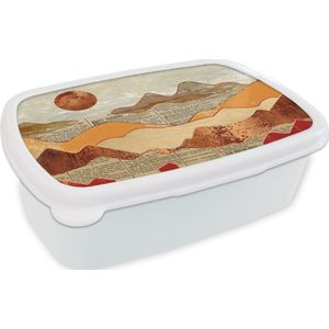 Broodtrommel Wit - Lunchbox Vintage - Krant - Brons - Abstract - Landschap - Kleuren - Brooddoos 18x12x6 cm - Brood lunch box - Broodtrommels voor kinderen en volwassenen