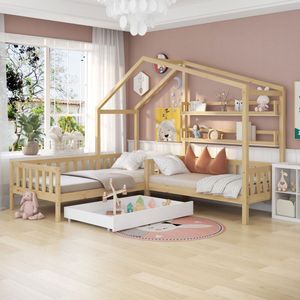 Kinderbed huisbed met lades en planken-massief hout met hek en lattenbodem- L-structuur, naturel (90x200 cm+140x70cm)