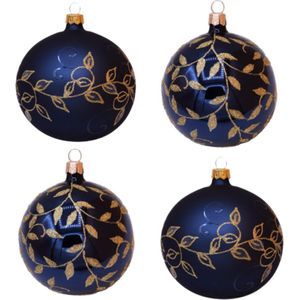 Feestelijk, Blauwe, Kerstballen met Gouden Blaadjes Design en Bevroren Blaadjes Patroon - Doosje van vier kerstballen van 8 cm