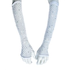 BamBella® Vingerloos Net handschoenen steentjes - One Size - Wit - Visnet handschoenen - Feest - Gothic Carnaval