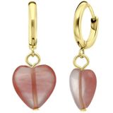 Lucardi Dames Goldplated oorbellen met hart rhodoniet - Oorbellen - Cadeau - Staal - Goudkleurig