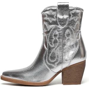 SmileFavorites® Dames Cowboylaarzen met Hak Kort - Zilver - Imitatieleer - Maat 38