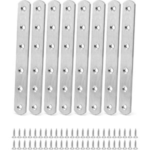8 Stuks 160x20x3mm Roestvrijstalen geperforeerde plaat Platte verbindingsbeugel Metalen verbindingsstuk Houtverbinding Platte hoekbeugels met 48 montageschroeven