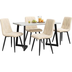Merax Eettafel en Stoelen Set (5-delig) - 117x68 cm Rechthoekige Tafel met 4 Beige Twill Samt Stoelen en Zwarte Poten