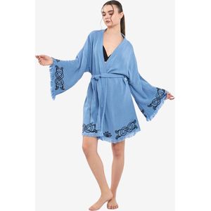 Trimita - Forever Kort Kimono Badjas - Blauw - 100% Katoen Hydrofiel Stof - Fair Trade Badjassen - Heerlijk Zacht, Licht en Handgemaakt - Perfect voor Thuis, Sauna of Spa, Strand