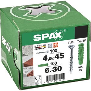 SPAX pluggen type SD 6 x 30 mm + SPAX universele schroef, 4,5 x 45 mm, verzonken kop, deeldraad, T-STAR plus T20, WIROX, 100 + 100 stuks - 5000001200015