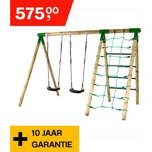 Hörby Bruk® Dubbele Schommel - Inclusief Klimnet - Inclusief klimrek - 2 schommelzitjes en 4 grondankers - Houten Schommel - Speeltoestel buiten - LxBxH 295 x 295 x 200 cm - 10 jaar garantie - 100% FSC hout