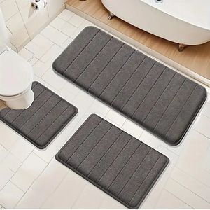 PolkaHome® 3-delige Keukenloper Badmat Douchemat Keukenmat en Vloertapijt – Antislip Modern Tapijt – Voor Badkamer, Keuken, Woonkamer & Gang – Droogloopmat Badmat van Traagschuim Hydrofiel Kiezeltekening Superfijne Vezel Antislip Zacht (Grijs)