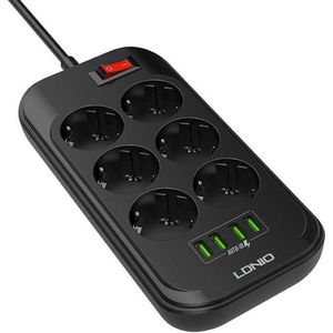 Stekkerdoos - Contactloos - Aan/Uit schakelaar - 4 USB ingangen - 2M snoer - Zwart