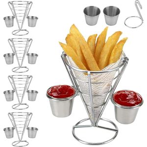 Pommezakhouders met afneembare dipschalen - Frietmand en dipschalenset - Frietstandaard voor snacks - Puntige zakjes - Set van 4