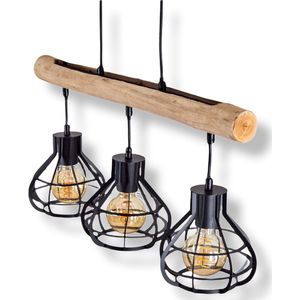 Belanian.nl -  vintage  Modern hout en metaal hanglamp zwart, natuurlijke kleuren, 3 lichts  retro voor  Eetkamer, keuken, slaapkamer, woonkamer
