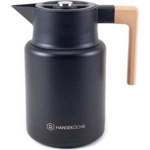 Thermosfles 1,4 L Gemaakt van hoogwaardig roestvrij staal - Geïsoleerde kan, koffiepot met elegante houten handgreep (zwart)