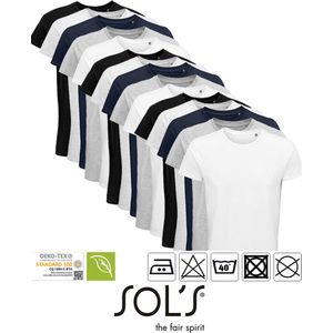 15 Pack Sol's Heren T-Shirt 100% biologisch katoen Ronde hals Zwart, Donker Blauw, Grijs / Lichtgrijs gemeleerd, wit Maat 4XL