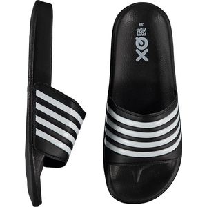 XQ - Slippers Dames - Stripes - Zwart - Badslippers dames - Gevormd voetbed