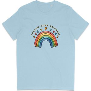 T Shirt Dames en Heren - Regenboog en Tekst: Follow Your Rainbow - Blauw - S
