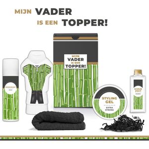 Geschenkset ''Mijn vader is een topper!"" - 5 Producten | Giftset - 800 Gram - Vaderdag - Cadeau Man - Bamboe - Douchegel - Deodorant - Scrubzout - Styling Gel - Verjaardag - Papa