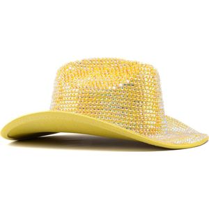 KIMU Cowboyhoed Geel Strass Steentjes - Gele Cowgirl Western Hoed - Stoere Cowboy Diamantjes Glitter Dames Vrijgezellenfeest Festival