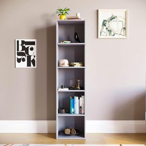 TRANKIELO® - Stijlvol Oxford Boekenrek met 5 Niveaus, Grijs Houten Display, Opbergoplossing voor Kantoor en Woonkamer-