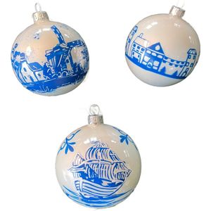Zes Delfts Blauwe Kerstballen van glas 8 cm - Molen, Zeilschip en Huisjes