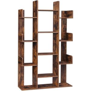 Vintage Boekenkast Ä°n Boomvorm - 86 X 25 X 140 Cm, Met 13 Vakken En Afgeronde Hoeken - Bruin