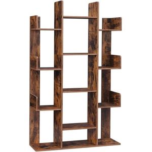 Vintage Boekenkast İn Boomvorm - 86 X 25 X 140 Cm, Met 13 Vakken En Afgeronde Hoeken - Bruin