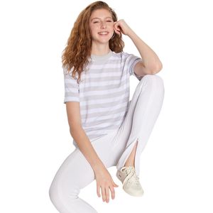 Trendyol Grijs Wit Gestreept Basic Gebreid T-Shirt Met Opstaande Kraag Twoss21Ts1204