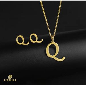 Leerella | Q | Luxe Goudkleur Initialen Ketting & Oorbellen Set - Roestvrij Staal - Letters A t/m Z - Persoonlijke Sieraden voor Elke Gelegenheid Moederdag, Valentijnsdag en Verjaardag Cadeau Ketting 45 cm