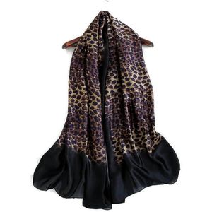 Donker blauwe met zwart luipaard print sjaal in zijde zachte chique glanzende stof - 85 x 180 cm