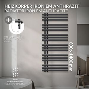 LuxeBath elektrische designradiator Iron 600 x 1400 mm antraciet + verwarmingselement van 900W met digitaal thermostaatdisplay handdoekverwarmer paneelverwarmer met ingebouwd verwarmingssysteem