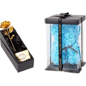GreatGift® - Gouden Roos met Blauwe Rozen Beer - Bloemen - Verjaardagscadeau -Moederdag - Valentijn - Liefde - Goud - Cadeau voor vrouw