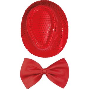 Toppers - Carnaval verkleed set compleet - hoedje en vlinderstrikje - rood - heren/dames - glimmend - verkleedkleding