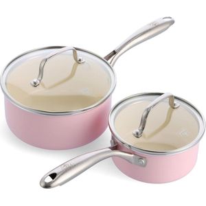 Artizan Gezonde antiaanbaklaag van keramiek, 14 cm / 1 l & 18 cm / 2 l steelpanset, PFAS-vrij, geschikt voor inductie, vaatwasmachinebestendig, ovenbestendig, roze