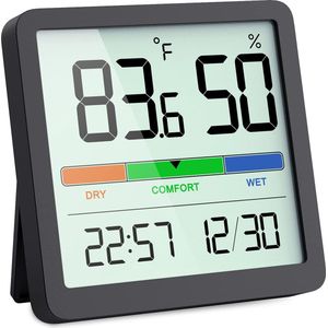 YUCONN Hygrometer - Luchtvochtigheidsmeter - Weerstation - Thermometer Binnen - Temperatuurmeter binnen - Inclusief magneetstrip - Zwart