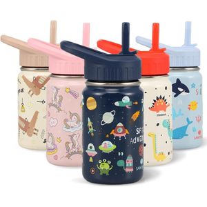 Drinkfles voor kinderen, roestvrij staal, 350 ml, met rietje, lekvrij, kinderthermosfles, BPA-vrij, thermosfles voor jongens/meisjes, voor kleuterschool, school