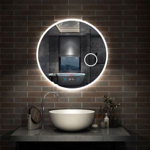 LED badkamerspiegel 70x70cm met verlichting klok 3x vergrootglas touchschakelaar anticondens wit licht/warm wit licht/warm licht instelbare helderheid uit geheugen