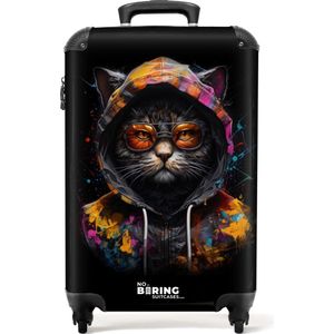 NoBoringSuitcases.com® - Handbagage koffer lichtgewicht - Reiskoffer trolley - Kat met kleurrijk vest en oranje bril - Rolkoffer met wieltjes - Past binnen 55x40x20 en 55x35x25