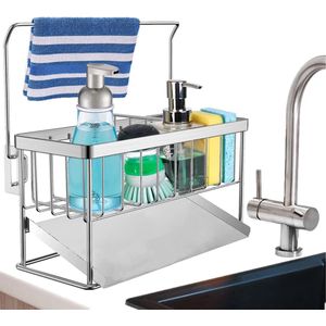 JGS ® Keukensponshouder, spoelbak Caddy Keukensponshouder voor borden, vodden, borstels, zeep, scrubber 304 roestvrijstalen aanrechtorganizer met automatische afvoerbak