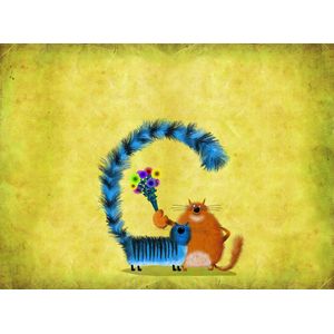 A very funny greetings card: two friendly smiling cats with colorful flowers standing on the gradient yellow background - Modern Art Canvas - Horizontal - 1100687129 - 80*60 Horizontal